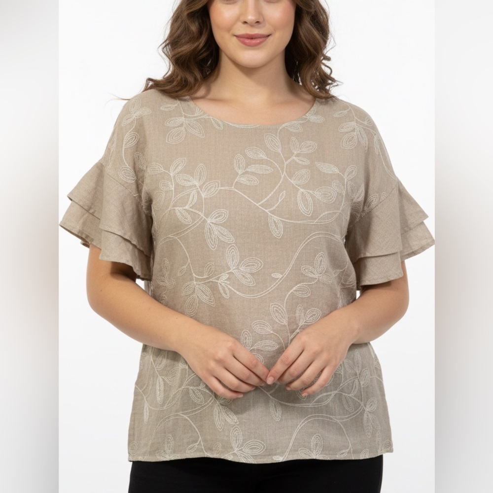 Valentina Naldi Made in Italy Blush Linen Embroidered Ruffle Sleeve Top Large